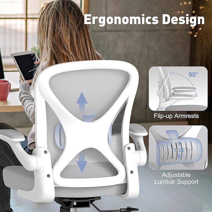 Ergonomic Office Chair with Adjustable Lumbar Support, 300 lbs Swivel Desk Chair with Flip-Up Arms, Mesh Comfy Padded Seat for Computer and Home, Grey