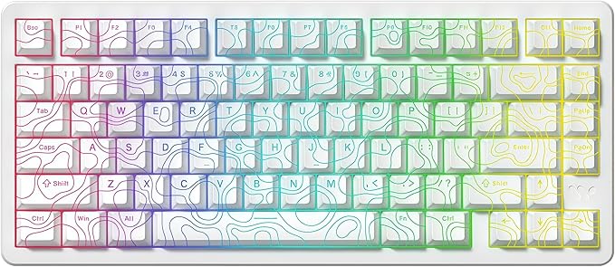 dagaladoo Double Shot PBT keycaps 119 Keys Set White Topographic Shine Through Custom keycaps Cherry Profile Custom Keyboard Key caps for 60/65/75/TKL/96/100% US Layout Mechanical Keyboard