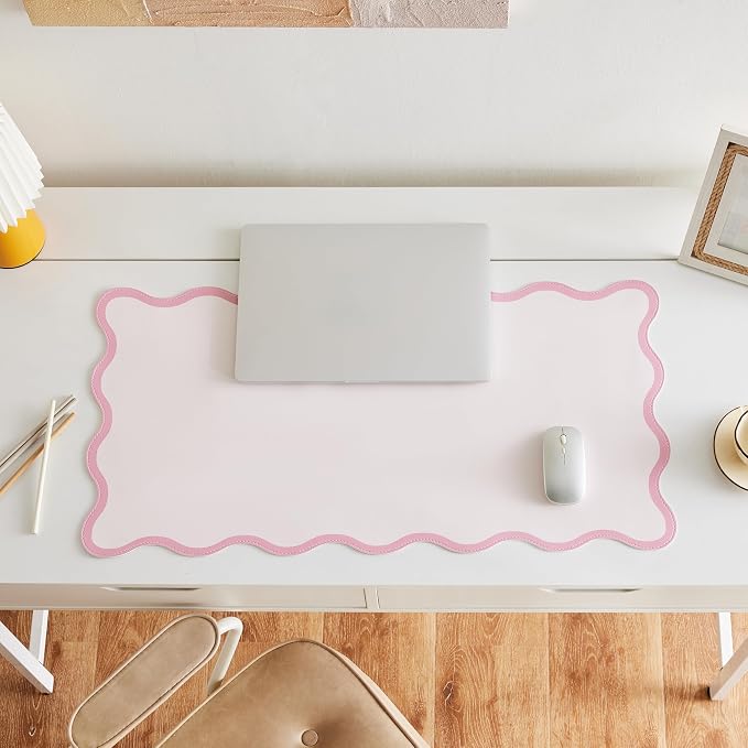 Scalloped Desk Mat, 31.5" x 15.7", PU Leather, Waterproof Anti-Slip, Cute Aesthetic Desk Pad for Office/Home/Game/Vanity (Pink, 31.5 X 15.7)