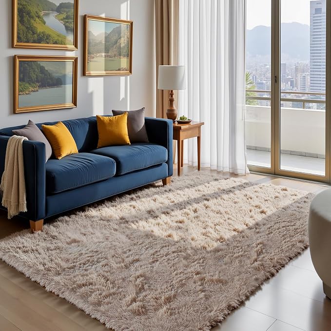 Fluffy Rug Shag Area Rug, Beige 5x8 Area Rugs for Bedroom, Small Bedside Rug, Soft Fluffy Shag Entryway Throw Rugs for Living Room Bedroom Room Home Decor