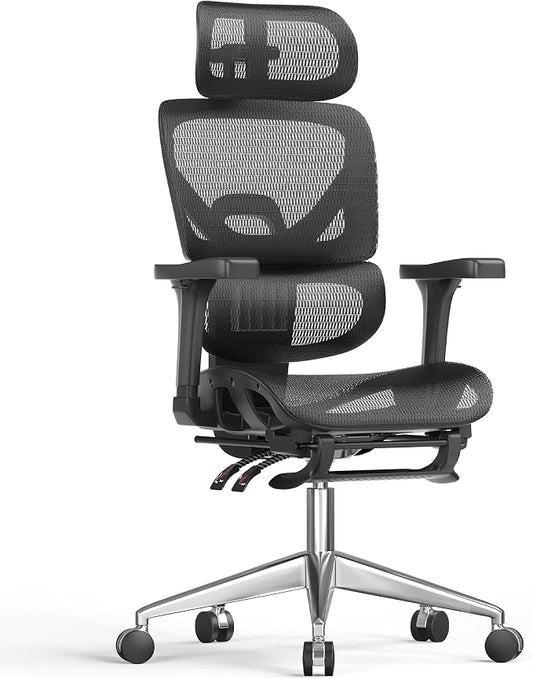 naspaluro Ergonomic Office Chair High Back for Home, Work and Gaming Black | Mesh Desk Chair with Adjustable Lumbar Support, 3D Headrest and Armrests, Footrest, Swivel Computer Chair 350lbs Capacity
