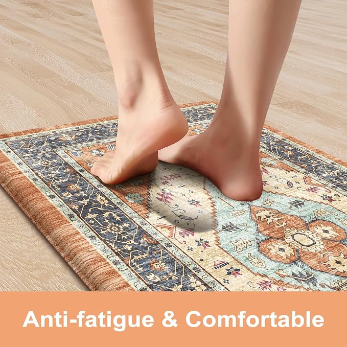 KIMODE Anti Fatigue Kitchen Mats for Floor, Boho Vintage Kitchen Rugs Sets of 2, Cushioned Kitchen Floor Mats Non Slip, Comfort Rugs for Kitchen Floor Sink Laundry Desk Orange 17.3"x29"+17.3"x59"