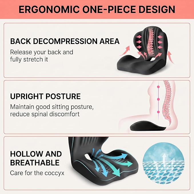 Ergonomic Waist Support and Seat Cushion, 2-in-1 Memory Foam Pad, Hollow Design for Coccyx, Suitable for Office Chairs, Car Safety Seats and Household Use - Relieves Lower Back and Hip Pain (Black)