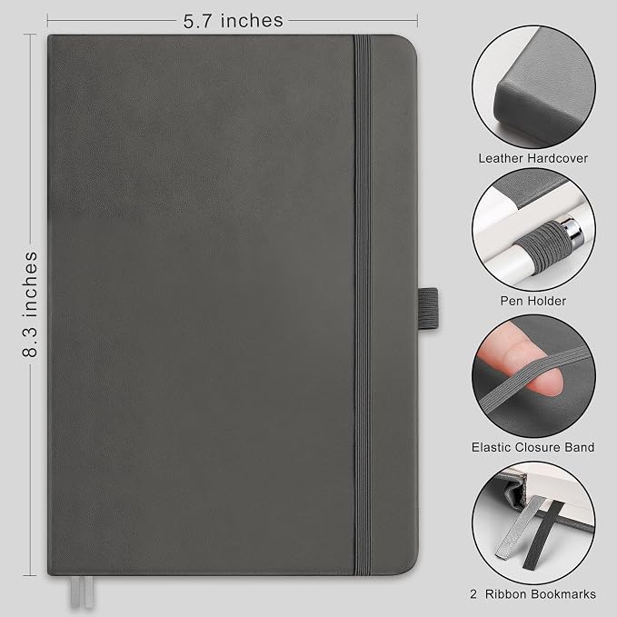 RETTACY Lined Journal Notebook, 192 Numbered Pages, A5 Medium Size (5.7'' x 8.3''), for Men & Women, Journaling, Writing, Work & Office, Leather Hardcover, 100 GSM Thick Paper (Gray)