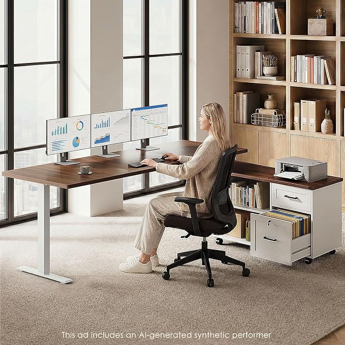 OffiGo 63" L Shaped Electric Standing Desk with File Cabinet, Walnut/White | Mobile Drawers & File Cabinet for Flexible Layout, Height Adjustable Executive Stand Up Desk for Home Office Workstation