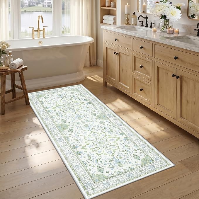 RELEANY Area Rugs Runner 2'6"x5' Washable Non-Slip, Floral Vintage Distress Medallion Carpet for Kitchen Hallway Bedroom Beside Laundry Room Bathroom, Green White Blue