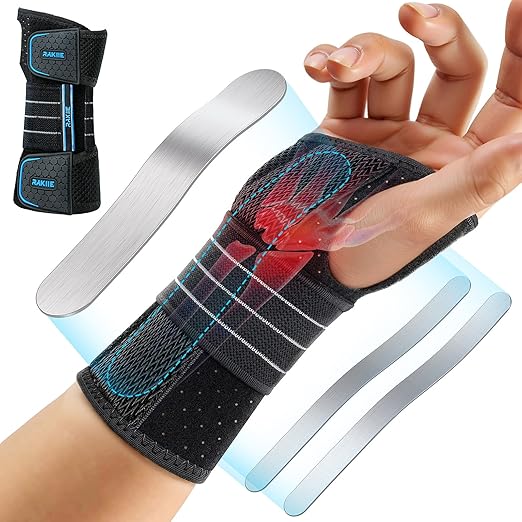 Rakiie Carpal Tunnel Wrist Brace, Adjustable Night Wrist Support with 3 Metal Splints, Hand Brace for Men Women No Pressure on Thumb, Splint Stabilizer for Work, Arthritis (Right Hand, Blue, Large)