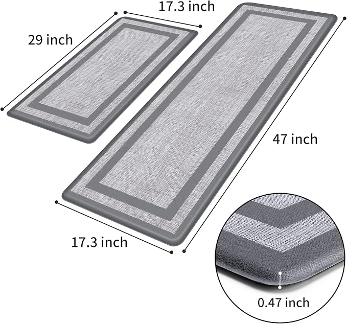 Mattitude Kitchen Mats Set of 2 Cushioned 0.47 inch Kitchen Rugs Non-Skid Rug Sets Ergonomic Comfort Standing Mat for Kitchen, Floor, Office, Sink, Laundry, Gray