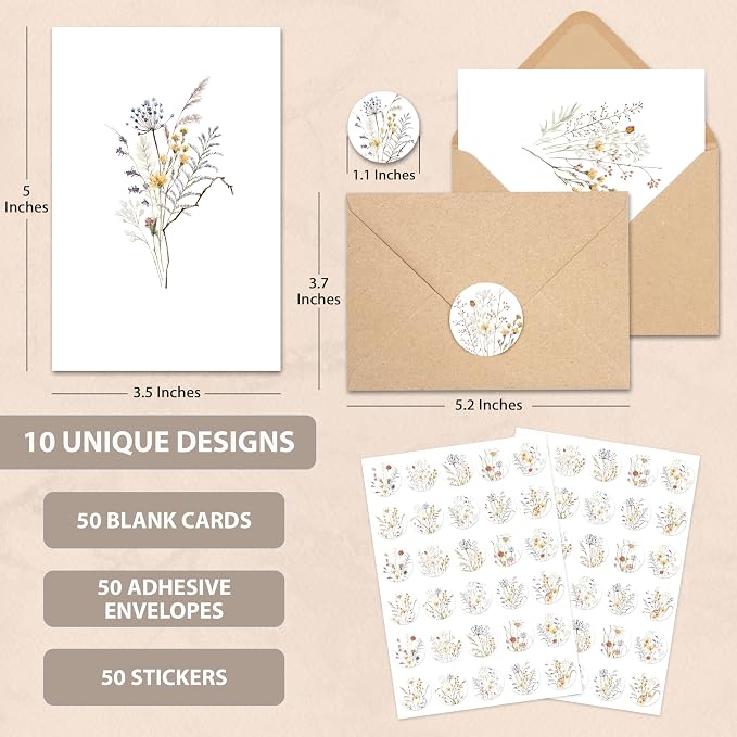 AUDREE 50 Set Blank Cards and Envelopes 3.5x5 - Watercolor Wildflowers Blank Greeting Cards with Adhesive Envelopes and Matching Sticker - Blank Note Cards for All Occasions
