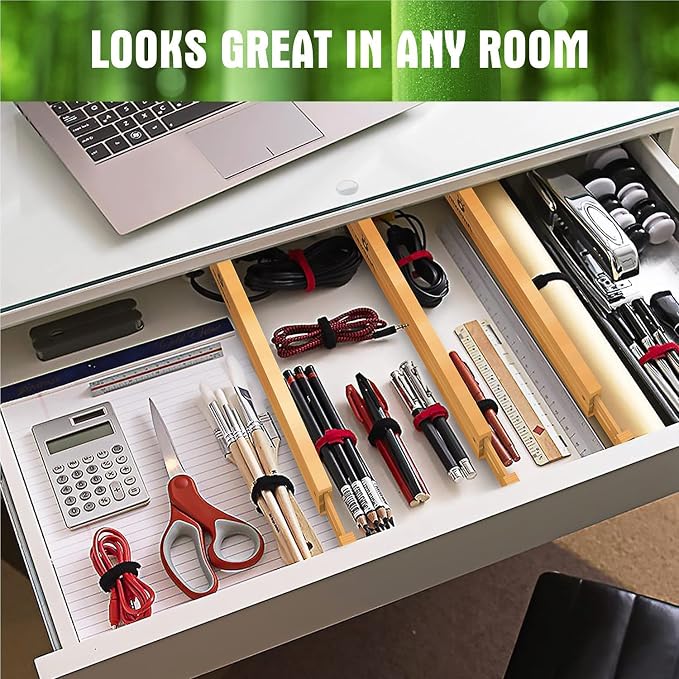 Bamboo Drawer Dividers Organizers 16pcs, Expandable Drawer Separators Splitter, 17-22 inches Long Adjustable Spring-loaded Organizer for Large Utensil, Clothes, Tools Drawers (8+8)