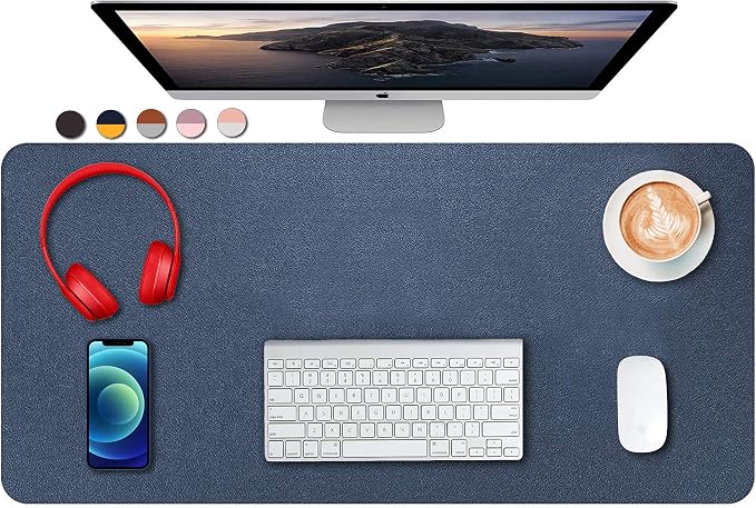 SUJAYU Dual Sided PU Leather Desk Pad, Mouse Pad, Office Desk Mat, Non-Slip Laptop Desk Pad, Waterproof Desk Writing Pad for Office and Home (31.5" x 15.7", Dark Blue + Yellow)