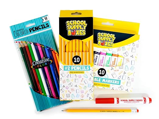 Back to School Supply Box (Case - 5 Boxes) - Grades K-5 Back to School Supplies - 32 Piece Kit Includes Markers, Crayons, Pencils, Scissors, Folders, Glue Sticks, Notebook, and Composition Book