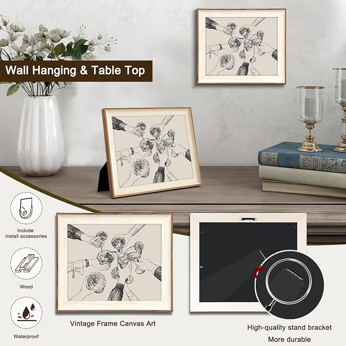 Uniro Framed Canvas Wall Art, Vintage Cheers Print for Bar Cart Wall Decor, Retro Cheers Sign Art Prints Friends Clinking Bar Cart Wall Art Painting, Farmhouse Home Kitchen Wall Decor, Trendy Black and White Cheers Cocktail Bar Cart Accessories - 8"x10"