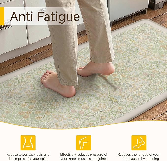 Kitchen Mats for Floor Thick Anti Fatigue Waterproof Vintage Spring Floral Kitchen Rugs 2PCS Cushioned Non Slip Green Comfort Standing Mats for Sink Laundry Office 17.3"×59"+17.3"×30"