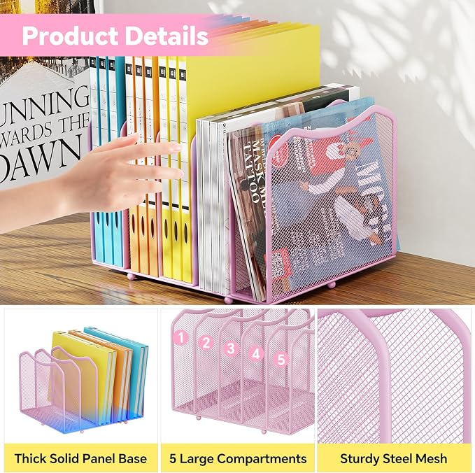 Simple Trending Mesh Desktop File Sorter Organizer, 5-Section Bookshelf for Desk Home Office, Pink
