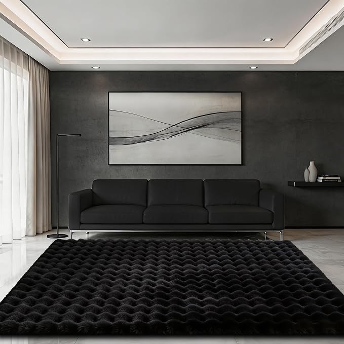 Black Rabbit Plush Rug 4'x6', Fluffy Shaggy Area Rug for Nursery & Kids Room, Faux Fur Carpet for Girls Bedroom, Living Room, Teen Decor