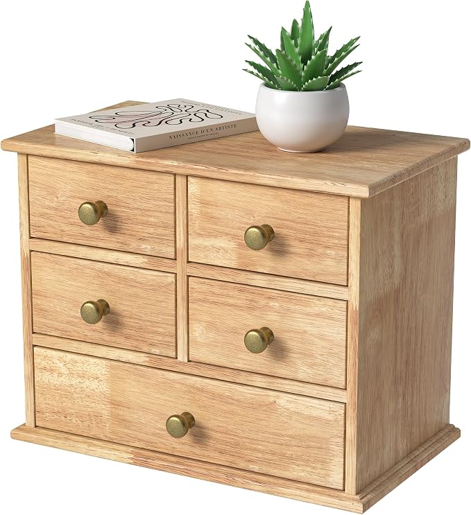 Oak Desk Organizer with Drawers, Durable Wooden Desktop Storage Box | 5 Drawer Tabletop Organizer with Metal Handle & Non-Slip Pad for Office, Bedroom, Bathroom, Vanity, Makeup, Light Burnt Brown