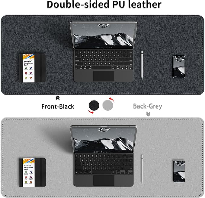 Bleswin Multifunctional Large Desk Mat, Double Sided Computer Desk pad, Extended Mouse Mat, Office Desk Protector with Waterproof PU Leather, 35.4''×16.9'', Office Home Writing Pad (Black+Grey)