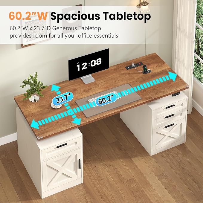 YOMILUVE 60" Farmhouse Electric Standing Desk with Drawers for Home Office | Height Adjustable Computer Desk with 4 Drawers & Storage Shelves, Wood Sit Stand Desk with Power Outlets for Work, Study