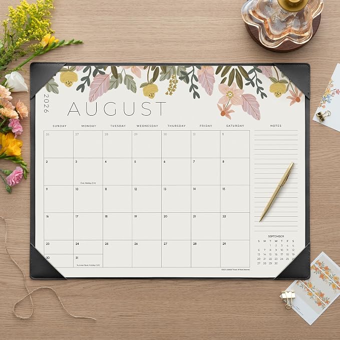 Desk Calendar 2026 with Desktop Mat, Cabbrix Large Desk Pad Calendar 22 x 17 Inch 18 Months Runs From July 2026 to December 2027, Floral Design Calendar 2026 for Home School and Office (Black)