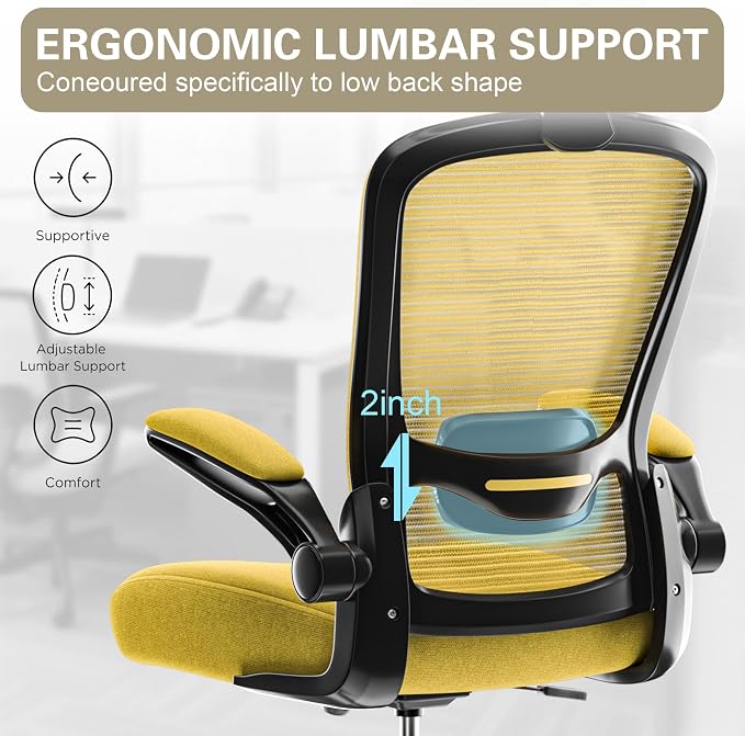 Mimoglad Office Chair, High Back Ergonomic Desk Chair with Adjustable Lumbar Support and Headrest, with flip-up Armrests for Guitar Playing, 5 Years Warranty (Modern, Vivid Yellow(Black Frame))