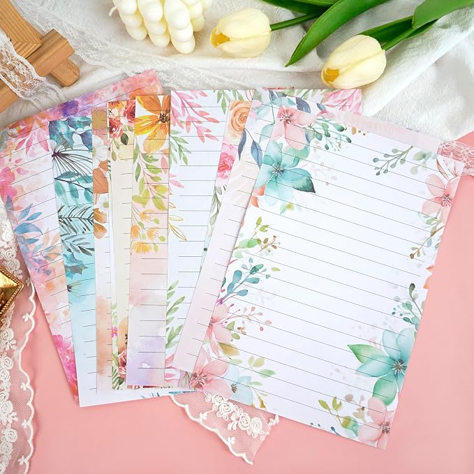 Stationery Paper Envelopes Set 160 Pcs - 50 Lined Writing Paper, 50 Envelopes, 60 Dot Stickers, Vintage/Floral/Leaf/Watercolor Multi-Style Options (STATIONERY-160PCS-FLORAL)