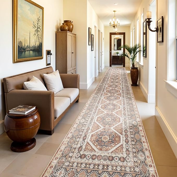3x20 Runner Rug Kitchen Washable:Oriental Indoor Hallway Runners with Non Slip Backing Floor Mat for Entryway Door Low Pile Thin Carpet for Bedroom Bathroom Living Room Bedside (Brick, 3x20)