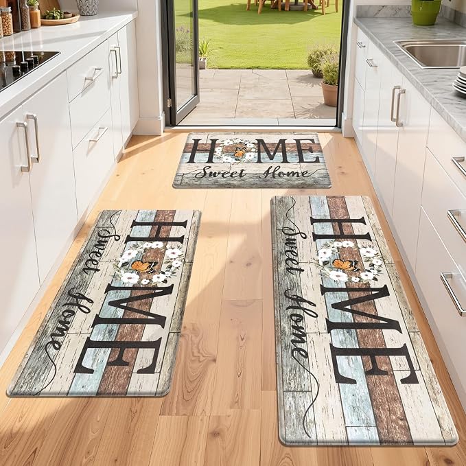 Yamaziot Anti Fatigue Kitchen Rug Set of 3, Non-Slip Cushioned Floor Mats | Waterproof, Stain Resistant, Farmhouse Cushioned Comfort Standing Desk Mat with Runner for Kitchen, Office, Sink, Laundry