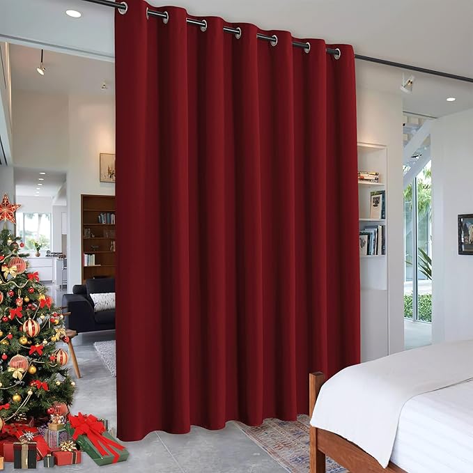 RYB HOME Privacy Curtain for Sliding Glass Door, Light Block Noise Reduce Insulated Curtain Screen Ceiling to Floor for Locker Room Basement Bedroom Closet, 100 inch Wide x 90 inch Long, Burgundy Red