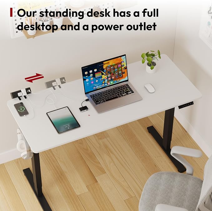 SANODESK Electric Standing Desk with Desk Clamp Power Strip 55"x 28" Whole-Piece Desktop Height Adjustable Stand Up with Cable Management Sit Stand Home Office Desk Black Frame/White Top