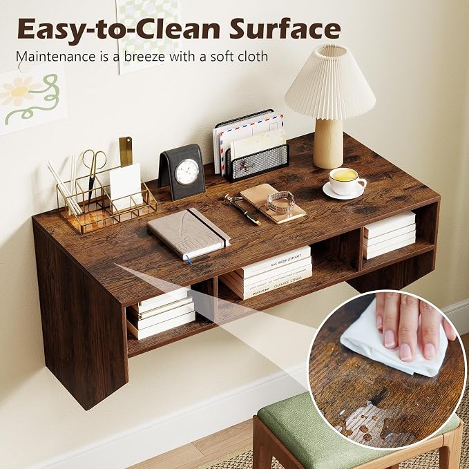 GOFLAME Wall-Mounted Computer Desk, Floating Study Table with Spacious Tabletop and 3 Open Compartments, Home Office Working Desk, PC Laptop Workstation, Vanity Table for Makeup Room (Rustic Brown)