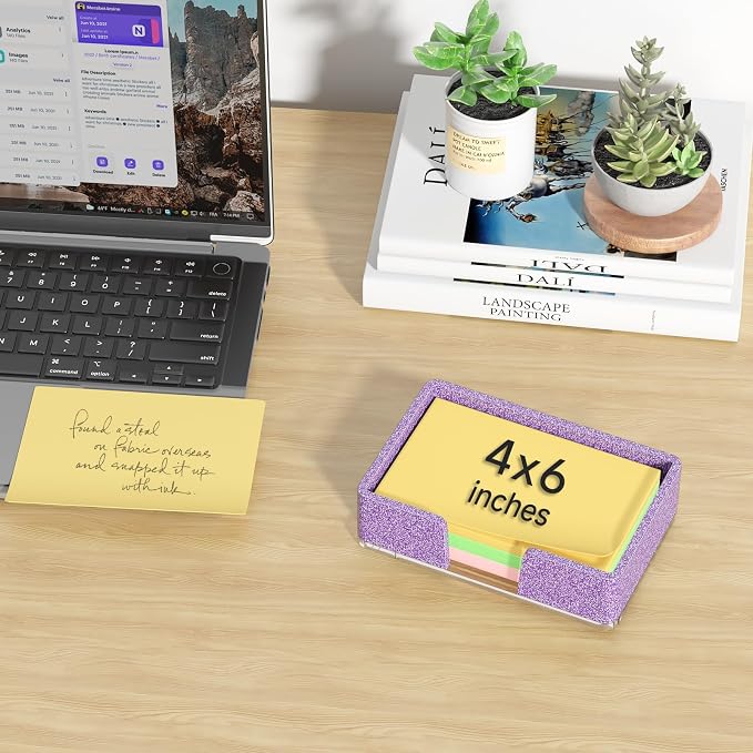 Sticky Note Holder, Glitter Purple Acrylic Notepad Holder 4x6 in Self-Stick Note Dispenser Office Desk Accessories, Memo Pad Holder Organizer for Classroom School Supplies