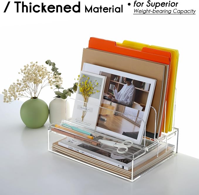 DINGHUO Acrylic Desk Organizers and Accessories, Paper Letter Tray Organizer with 3 Vertical File Holder, Clear File Organizer for Desk Home Office Supplies -1 Pack