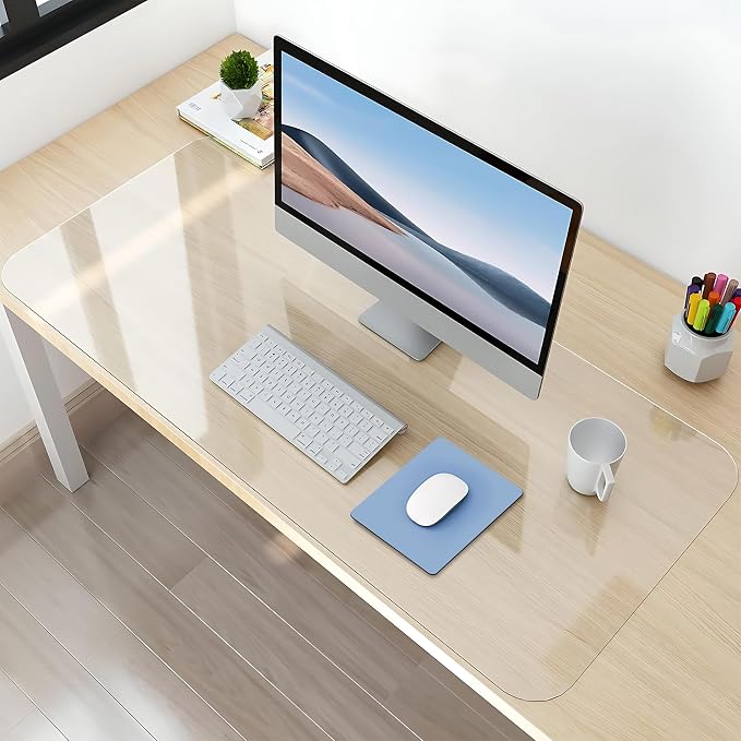 NATRKE Clear Desk Mat Pad, 31.5"x15.7" Large Transparent Computer Desk Mat Plastic Desktop Protector, PVC Writing Pad with Round Edge, Waterproof Wipeable Non-Slip Table Protector for Home Office