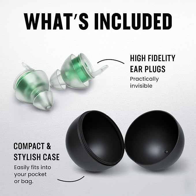Plugz Lightweight Green High Fidelity Ear Plugs - Easy to Wear Concert Ear Protection, All-Day Comfort Earplugs Noise Cancelling Up to 23dB, One Pair Invisible Ear Plugs in Sleek Portable Case