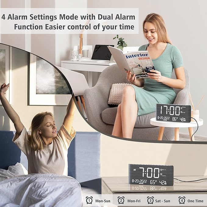 Mesqool Digital Alarm Clock, with Calendar Temperature and Humidity | Loud Volume, Dual Alarm, USB and Type-C Charging Ports, Dimmer, 12/24H, Snooze, Stylish Digital Clock for Décor