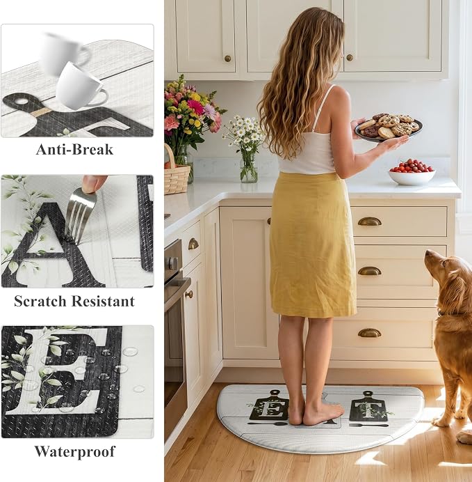 KIMODE Half Circle Anti Fatigue Mats for Cushioned Kitchen Mats for Floor | 18"x28",Black,Country Vintage,Non Slip,Kitchen Mats Waterproof,Memory Foam,Comfort, Half Round Small Standing Mat Decor