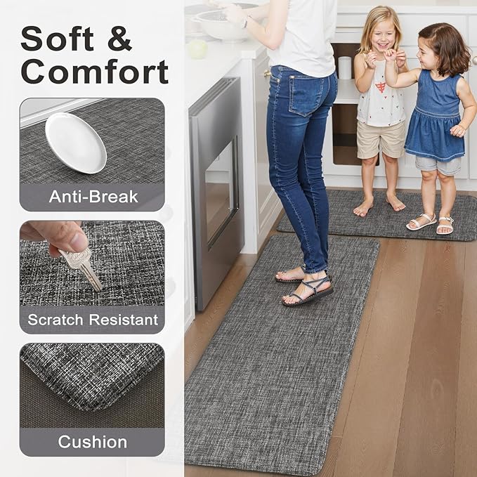 Collive Kitchen Mats for Floor 2PCS, Cushioned Anti Fatigue Mat Waterproof Kitchens Sink Rug Non Slip, Modern Comfort Standing Mat for Desk, Bar, Home Decor, 17"x47"+17"x29", Dark Grey
