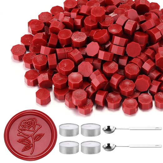 Yoption 360Pcs Dark Red Sealing Wax Beads with 2 Spoons and 4 Tea Candles for Wax Seal Stamps, Cards, Wedding Invitations, Wine Packaging, Gift Wrap, Envelopes