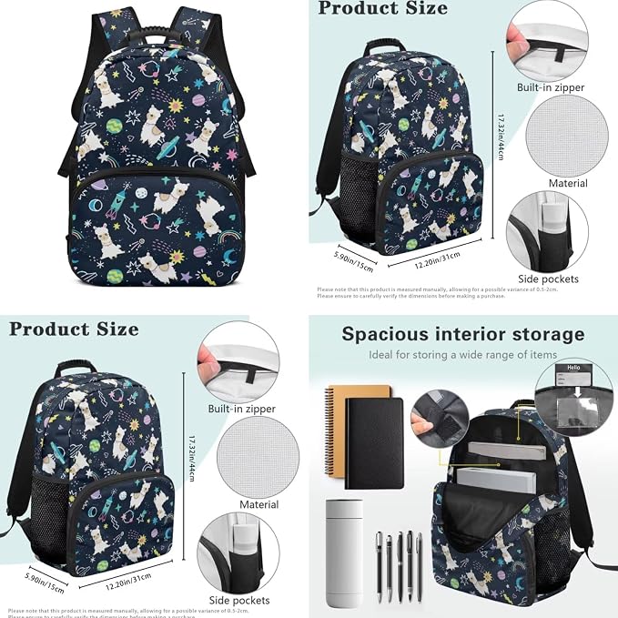 ZFRXIGN Planet Alpaca Teen Girls Backpack for School with Cute Pendant 17inch Middle High School Bag and Insulated Lunch Box Portable Pencil Case Blue Bagpack Set