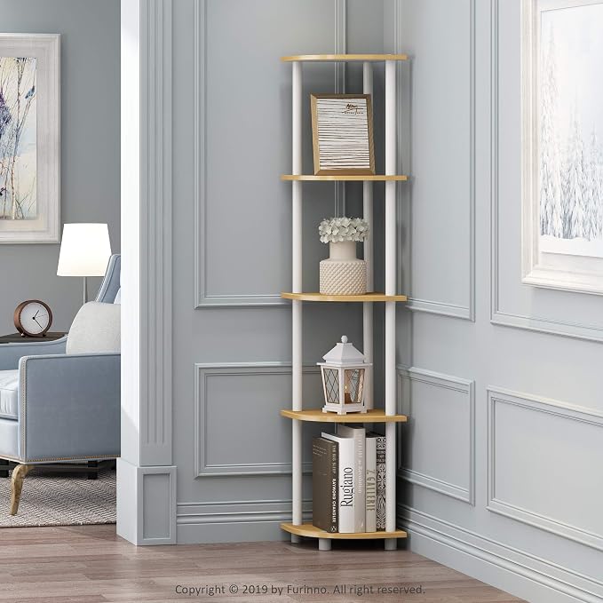 Furinno Turn-N-Tube Corner Shelf Set of 2, 5-Tier Corner Bookshelf, Open Storage Shelves, for Organization and Storage, Living Room, Home Office, Garage, Beech