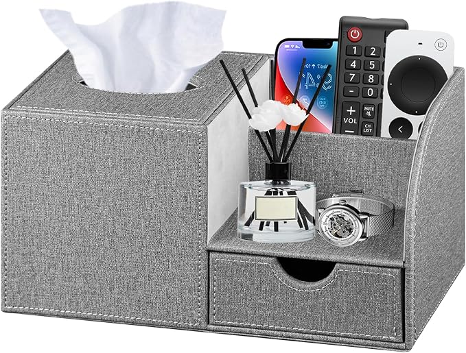 Nightstand Organizer with Tissue Holder,PU Leather Square Tissue Box Cover | Modern Facial Paper Organizer Storage Box for TV Remote Control,Bathroom,Vanity Countertop,End Table,Home and Office Decor