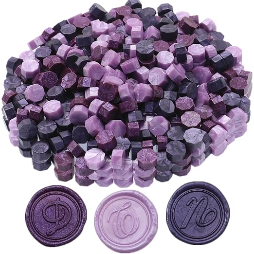 Wax Seal Kit with Warmer, ONWINPOR 300pcs Sealing Wax Beads in 3 Colors, Non-Slip Spoon, Candles for Envelopes, Stamp Letter Seal,Wedding Invitations (Purple Mix)