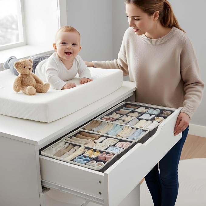 DECOMOMO Adjustable Drawer Organizer Clothes, 12 Pack Drawer Dividers | Fabric Storage Bins, Baby Dresser Organizer for Nursery, Underwear, Bra, Socks (Grey)
