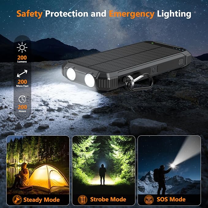 Solar Power Bank 20000mAh, Portable Charger with Built-in 3 Cables (USB-C/Lightning/Micro-USB), 15W Fast Charge, Battery Pack for iPhone Samsung Android, Solar for Emergency Only, Perfect for Camping