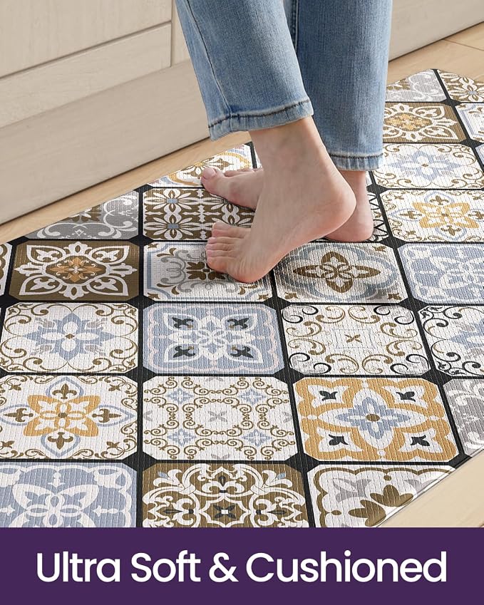 DEXI Anti Fatigue Kitchen Mats for Floor, 23x86, Cushioned Standing Padded Mat Waterproof, Comfort Runner Rug for Laundry Room Office, Brown Checkered