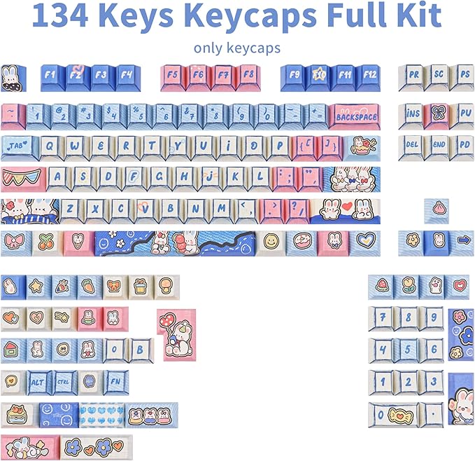 Manga Themed Keycaps 134 Key PBT Keycap Set Cherry Profile Dye-Sublimation Cute Keycaps with Denim Bunny Design for 61/87/104/108/84/64/98/96 Mechanical Keyboard