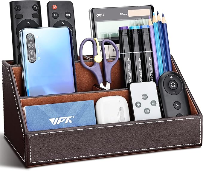 Pu Leather Desk Organizer with 5 Compartments Holder, Multi-Functional Office Supplies Storage Caddy for Pen/Pencil, Phones, Remote Controller and Desktop Accessorie Brown