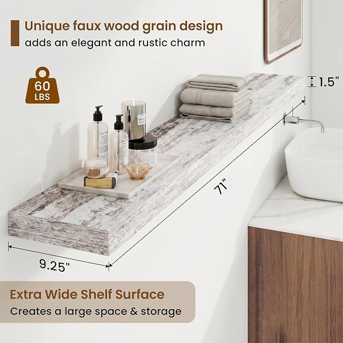 9.25in Depth 72in Floating Shelves, 72x9.25x1.4, Vintage White, Set of 1 | Long Wall Mounted Engineered Wood Shelves with Invisible Brackets for Living Room, Bedroom, Bathroom, Kitchen,