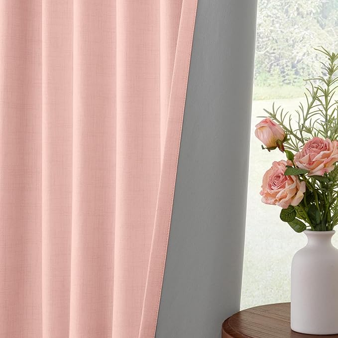 INOVADAY 100% Blackout Curtains for Bedroom, Blush Pink Black Out Curtains 96 Inch Long, Clip Rings Linen Blackout Drapes, Thermal Insulated Room Darkening for Living Room, 1 Panel - W102xL96